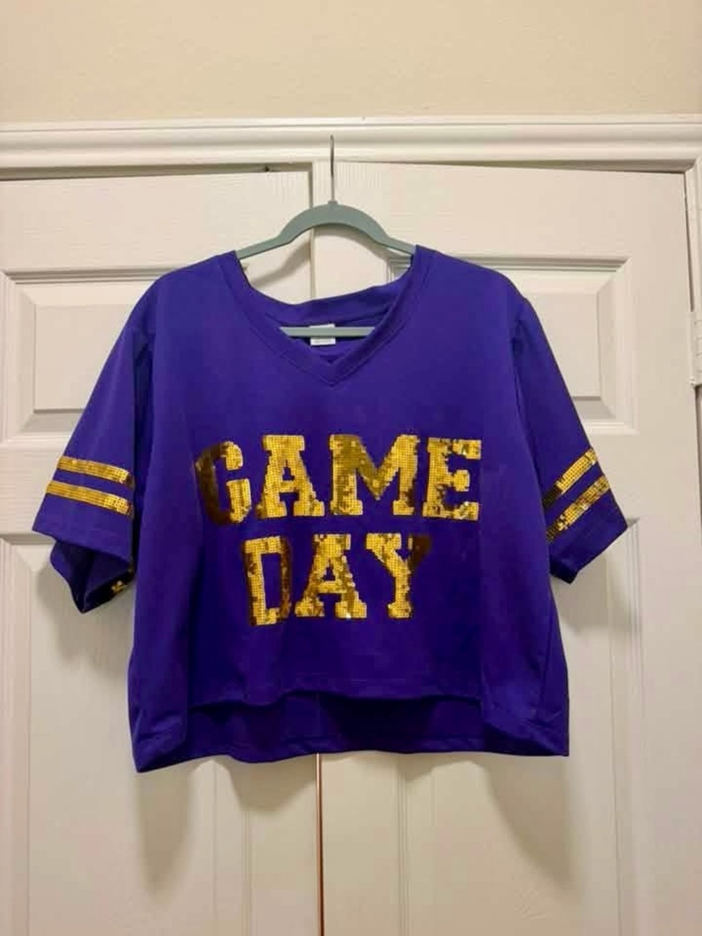 Anna & Ava LSU Tigers Purple & Gold "Game Day" Sequin Sleeve Crop Tee L/XL